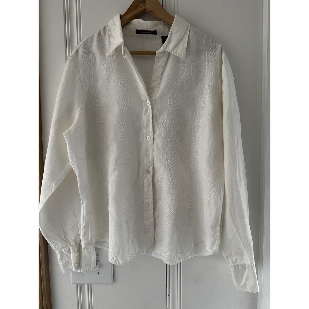 Liz‎ Claiborne Linen Embroidered Button Up Blouse Size 16 Cream Coastal Boho